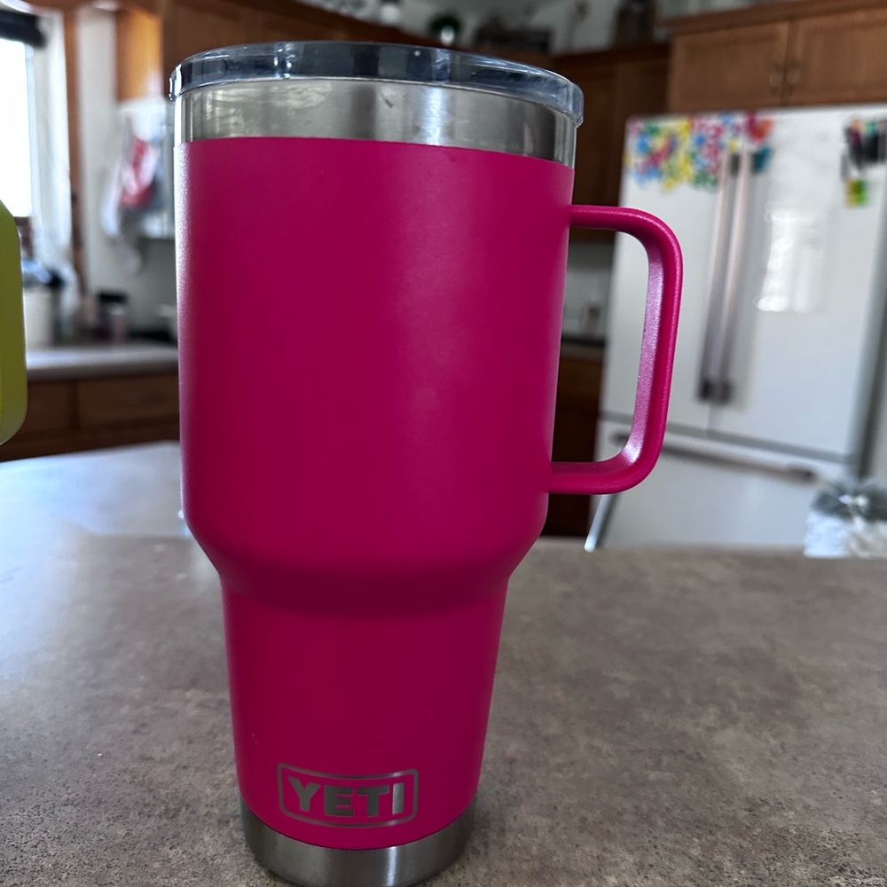 Yeti Pink Insulated Travel Mug with Clear Lid and Sturdy Handle